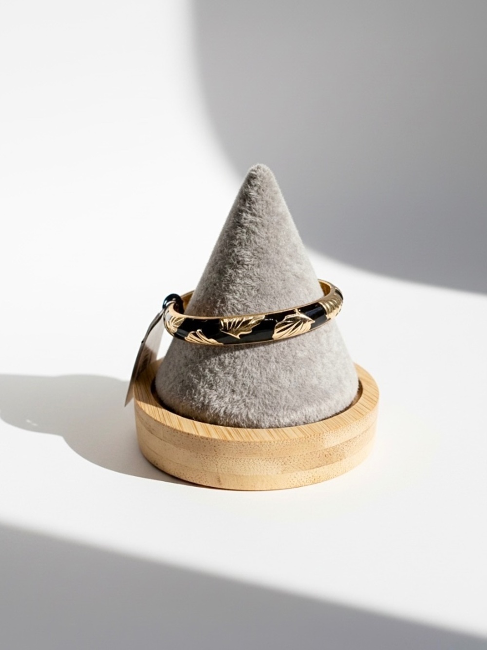 Black & Gold Leaf Hinged Bangle Bracelet | Enamel Accent